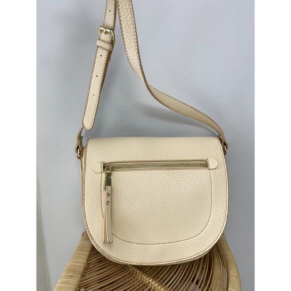 Earthtone Cream Pebbled Faux Leather Crossbody SaddleBag - Picture 9 of 13